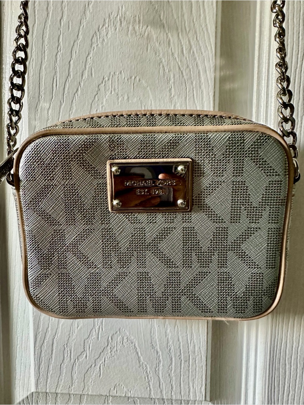Michael Kors Gray Logo Mini Crossbody with Gold Plate and Chain Strap